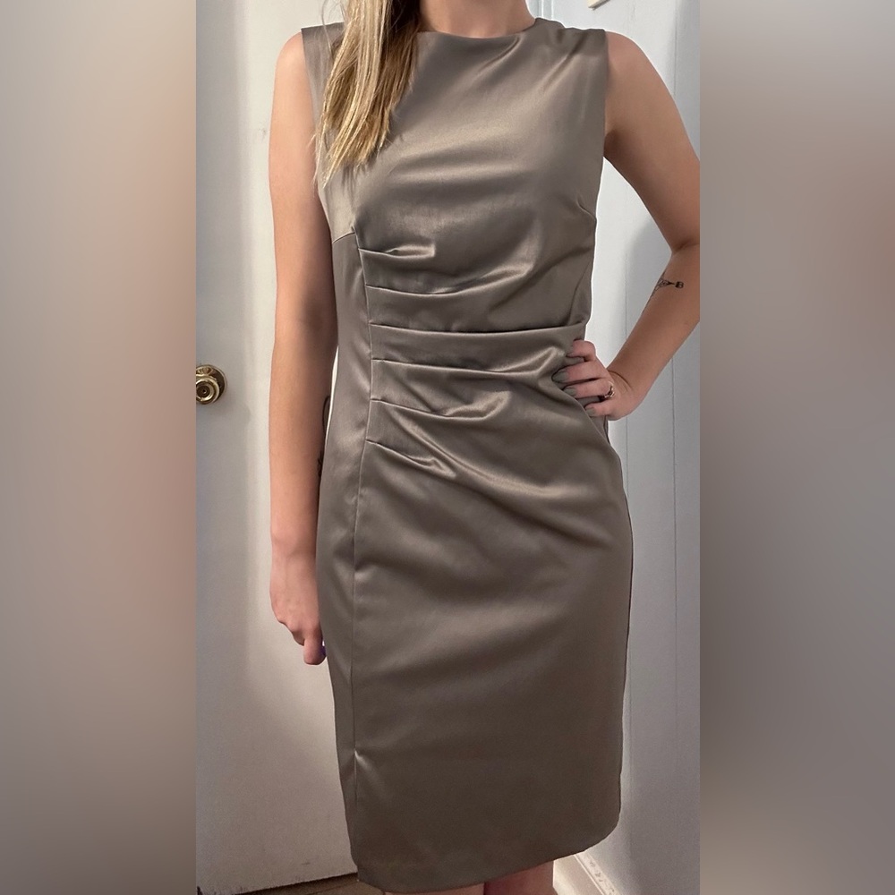 The Limited Strapless Satin Dress in Taupe